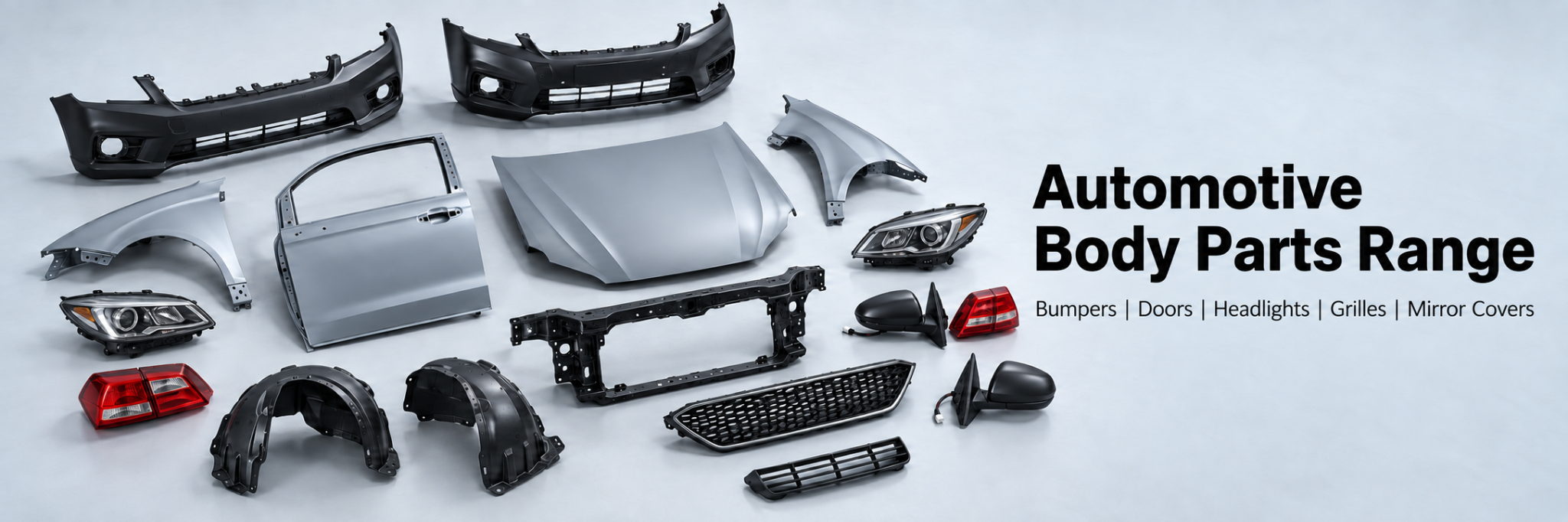 Automotive body parts range: bumpers, doors, headlights, grilles and mirror covers